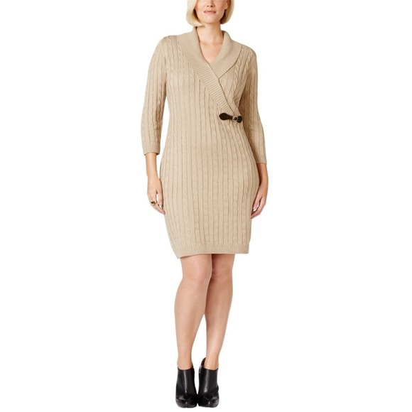 Calvin Klein Dresses & Skirts - NWOT Calvin Klein Women's Beige Cable Knit Sweater Dress With Side Buckle sz L